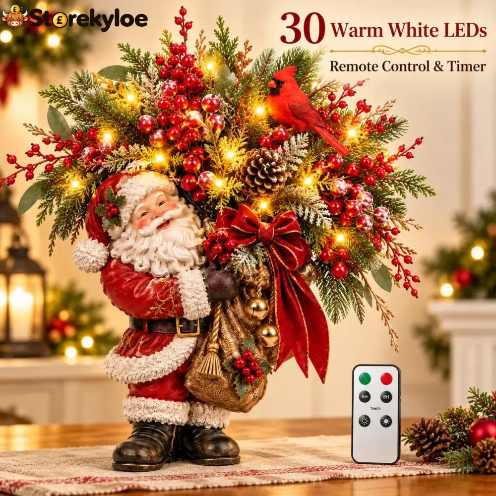 Lighted Santa & Cardinal Christmas Arrangement With Remote & Timer