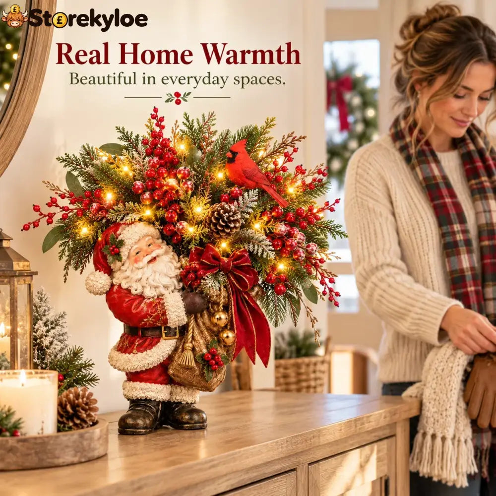 Lighted Santa & Cardinal Christmas Arrangement With Remote & Timer