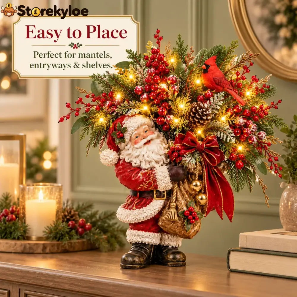 Lighted Santa & Cardinal Christmas Arrangement With Remote & Timer