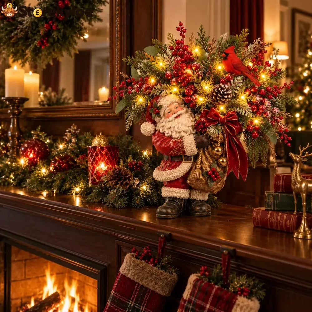 Lighted Santa & Cardinal Christmas Arrangement With Remote & Timer