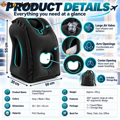 ⏰LIMITED-TIME 50% OFF!💨Inflatable Travel Pillow | 360° Support – Soft Flocking Quick Inflate Compact