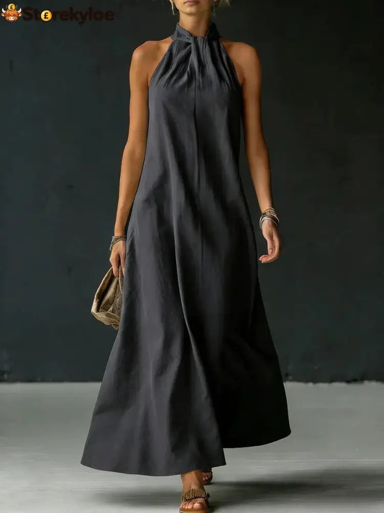 Linen-Blend Halter Neck Maxi Dress - Black / S