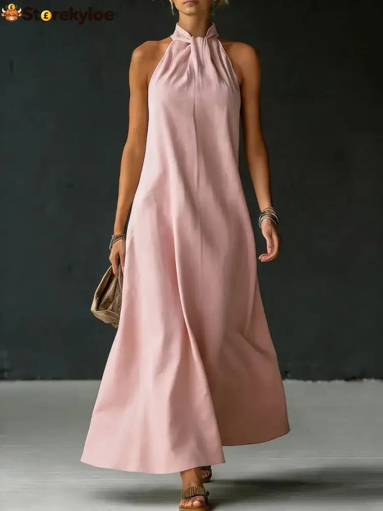 Linen-Blend Halter Neck Maxi Dress - Pink / S