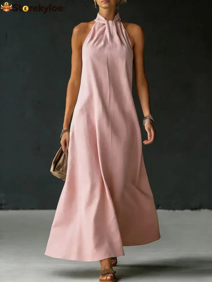 Linen-Blend Halter Neck Maxi Dress - Pink / S