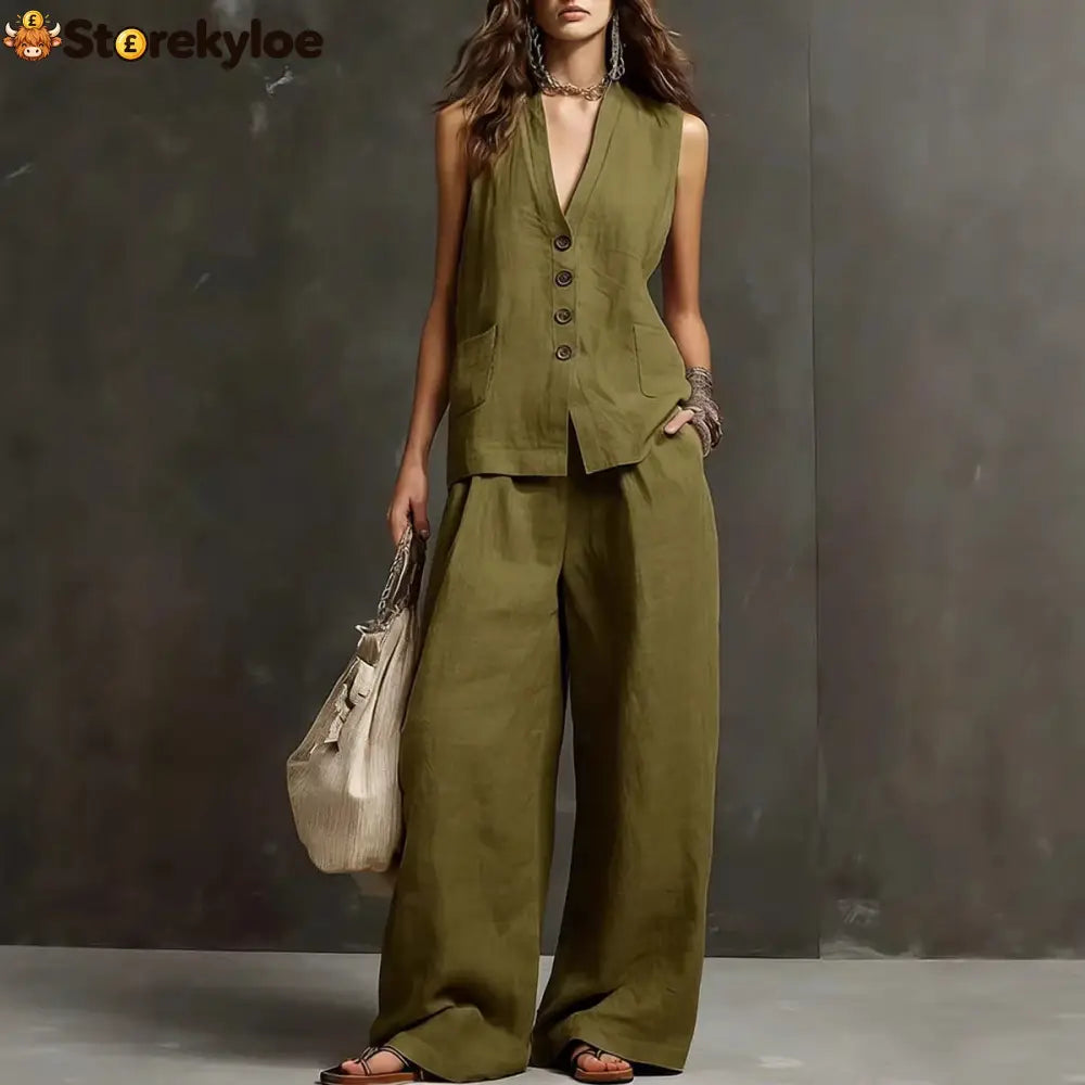 Linen Blend Sleeveless Vest & Wide-Leg Pants Set - Army green / S