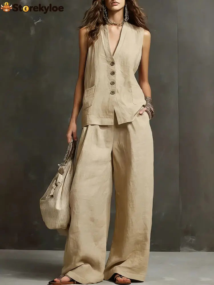 Linen Blend Sleeveless Vest & Wide-Leg Pants Set - Dark khaki / S