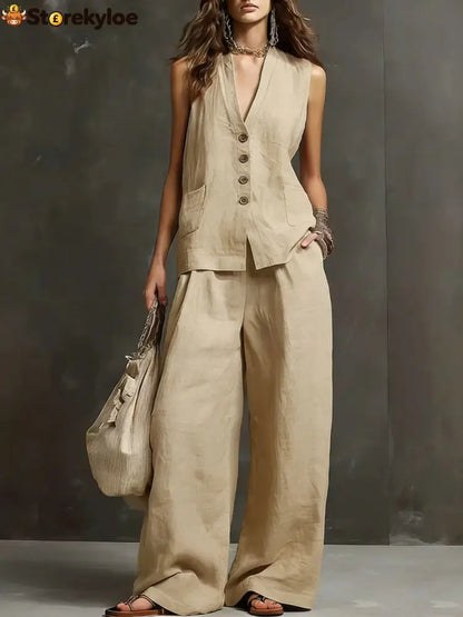 Linen Blend Sleeveless Vest & Wide-Leg Pants Set - Dark khaki / S