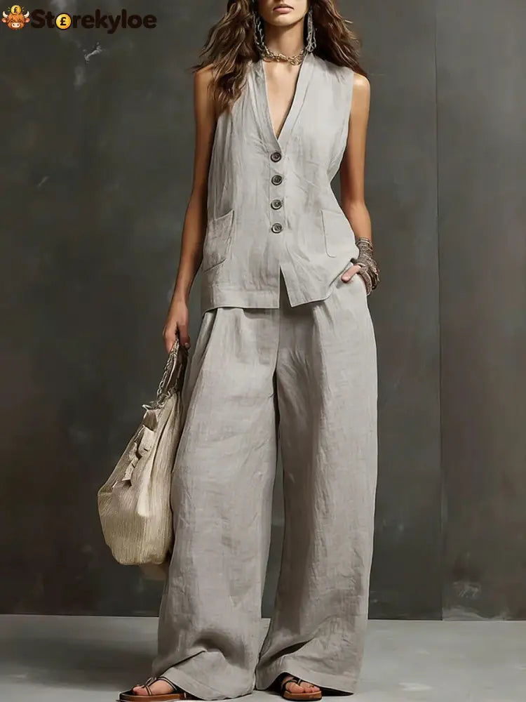Linen Blend Sleeveless Vest & Wide-Leg Pants Set - Light gray / S