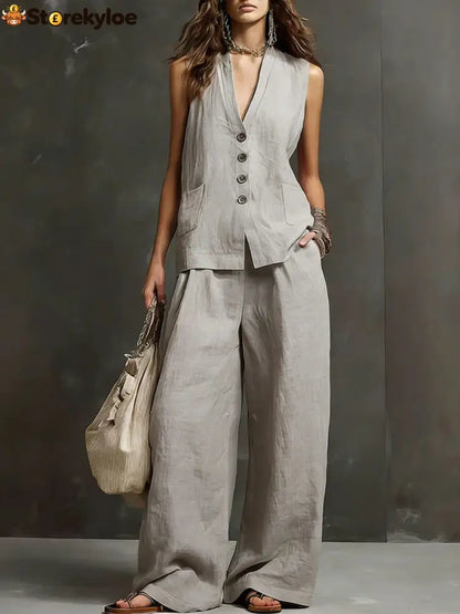 Linen Blend Sleeveless Vest & Wide-Leg Pants Set - Light gray / S