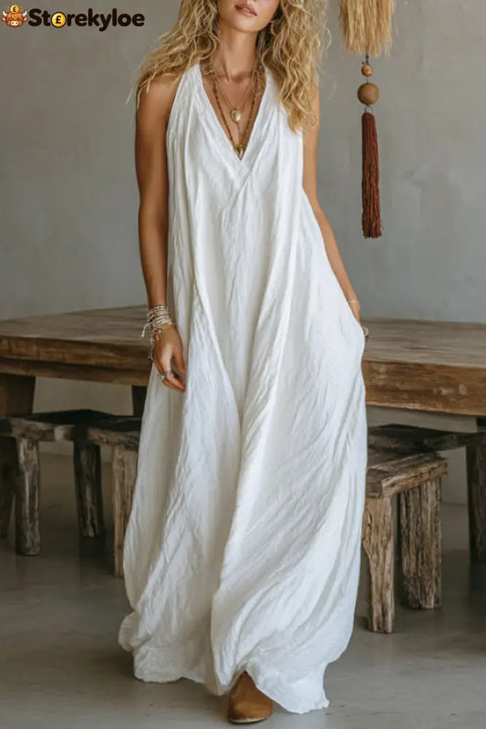 Linen Blend Solid Color Loose V-neck Sleeveless Pocket Casual Maxi Dress - White / S