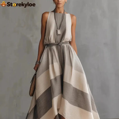 Linen Blend Striped Sleeveless Maxi Dress