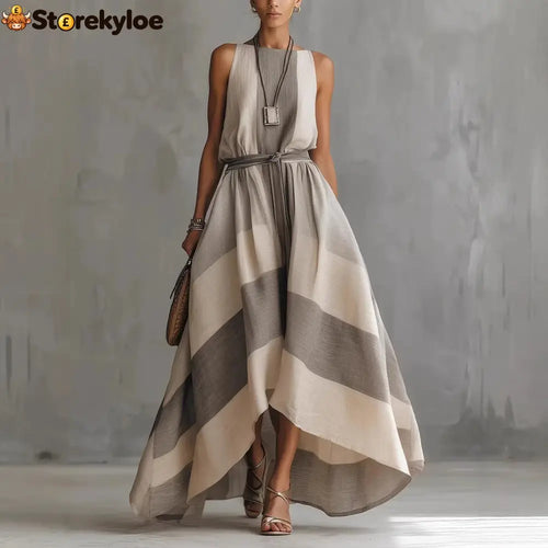 Linen Blend Striped Sleeveless Maxi Dress