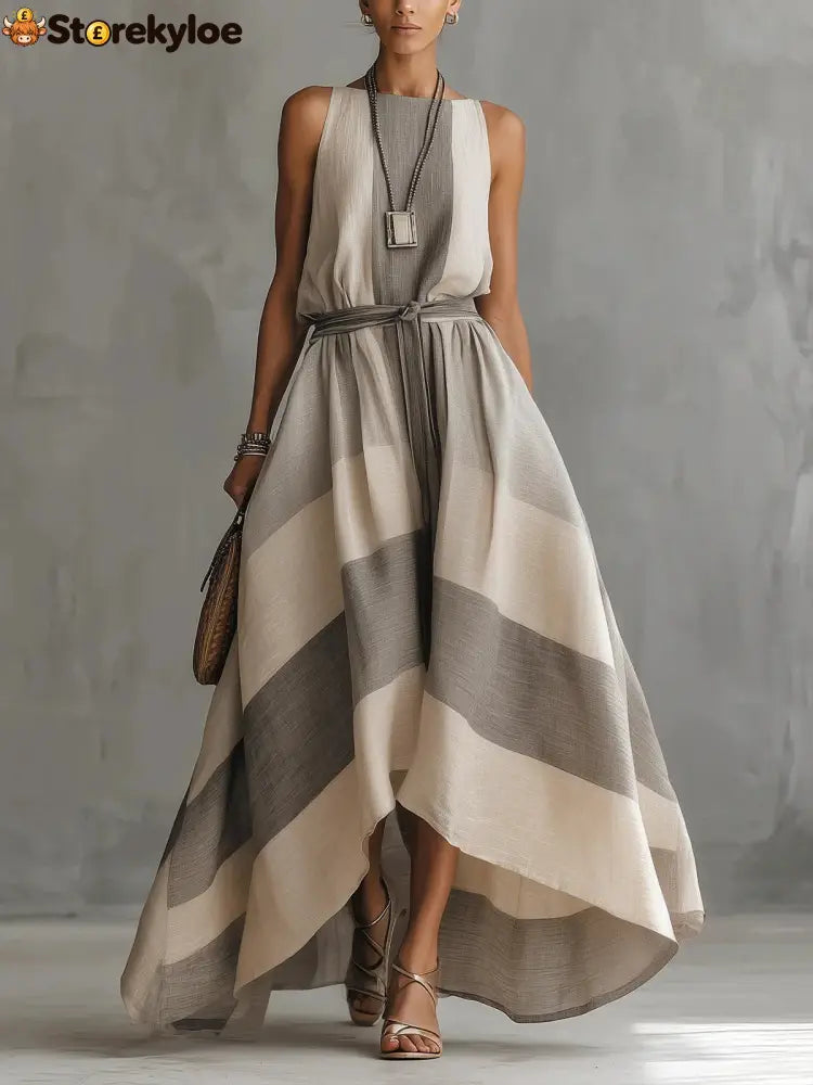 Linen Blend Striped Sleeveless Maxi Dress - Grey / S