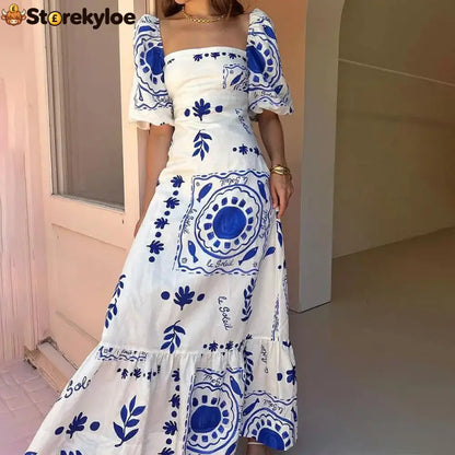 Linen Blend Unique Print Square Neck Bubble Sleeve Maxi Dress