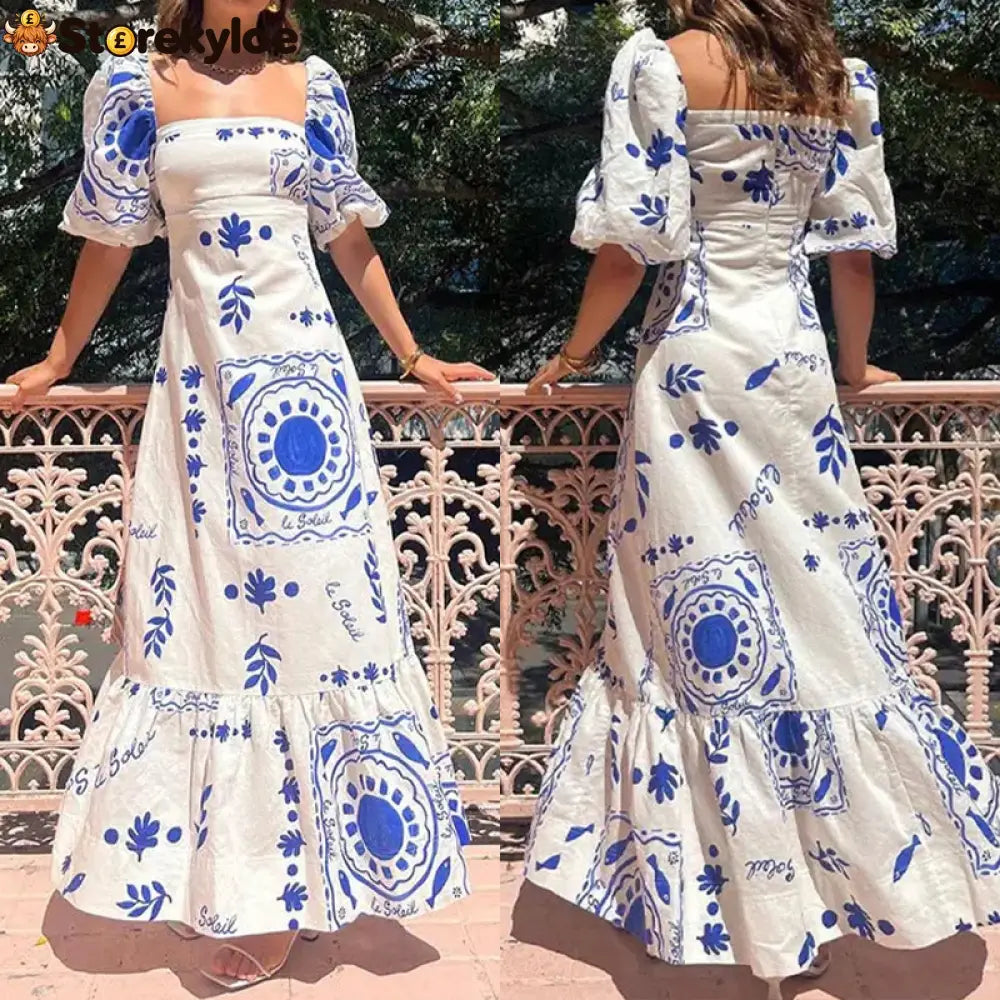 Linen Blend Unique Print Square Neck Bubble Sleeve Maxi Dress