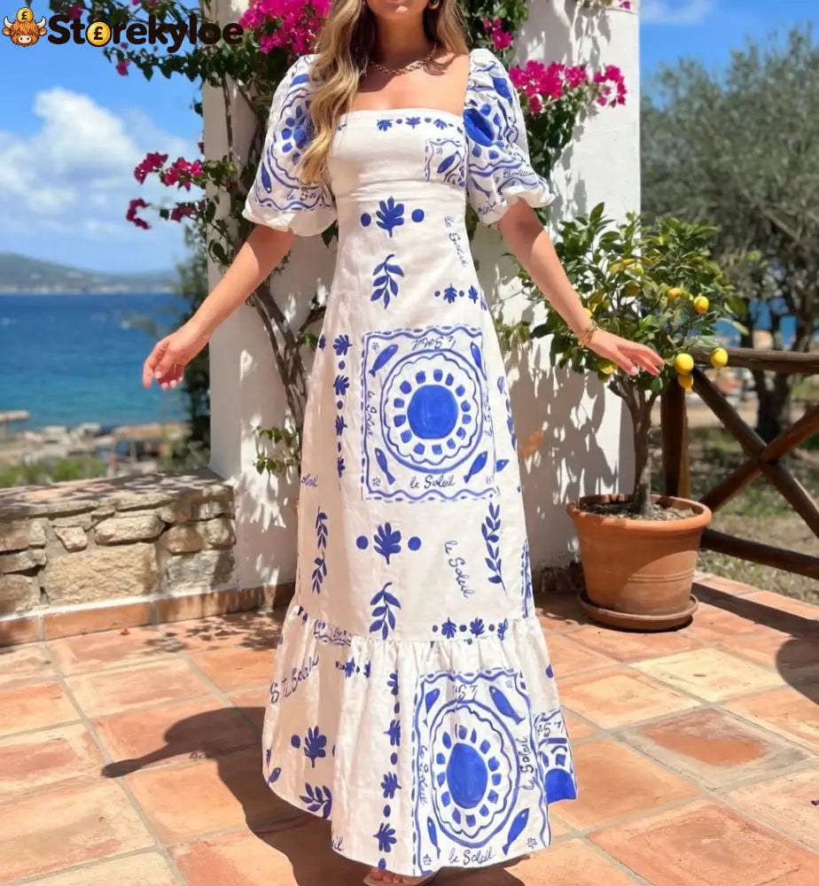 Linen Blend Unique Print Square Neck Bubble Sleeve Maxi Dress
