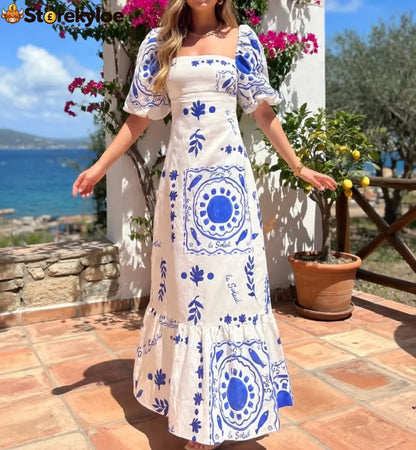 Linen Blend Unique Print Square Neck Bubble Sleeve Maxi Dress