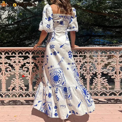 Linen Blend Unique Print Square Neck Bubble Sleeve Maxi Dress