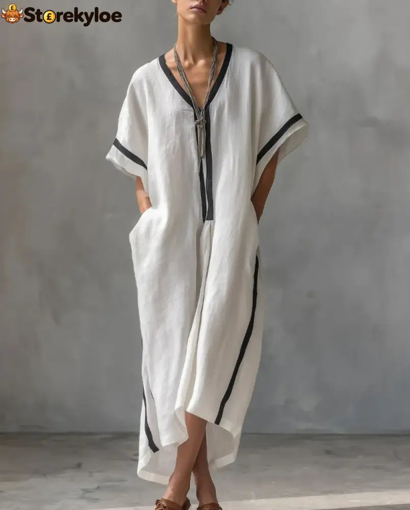 Linen Blend V-Neck Kaftan Dress