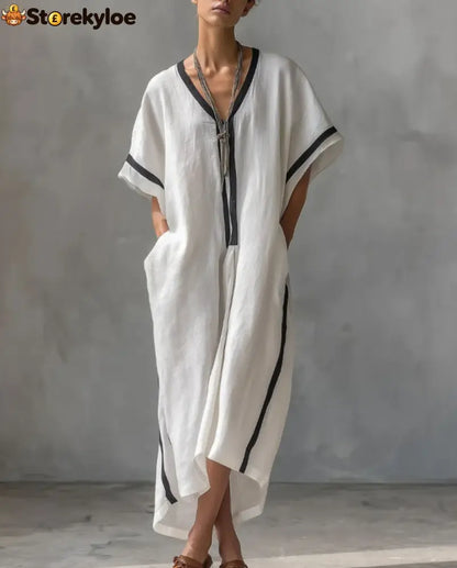 Linen Blend V-Neck Kaftan Dress