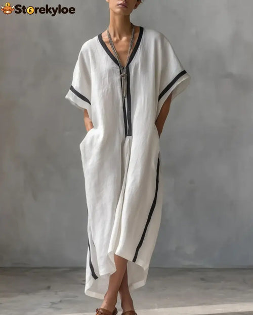 Linen Blend V-Neck Kaftan Dress