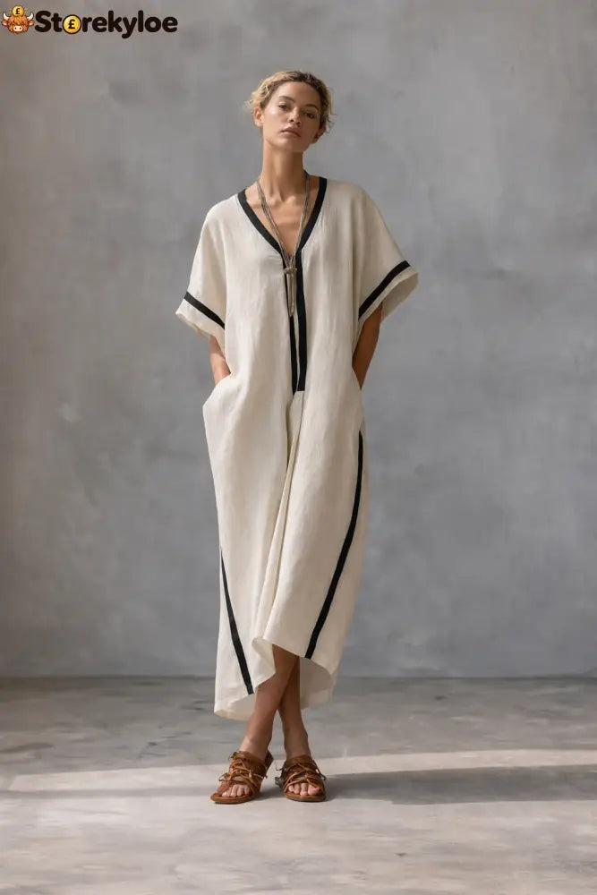 Linen Blend V-Neck Kaftan Dress - Apricot / XS