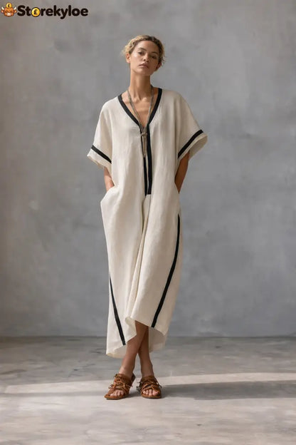 Linen Blend V-Neck Kaftan Dress - Apricot / XS