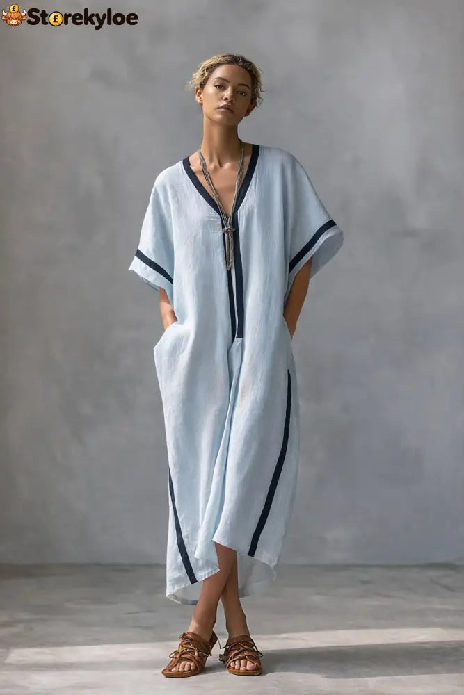 Linen Blend V-Neck Kaftan Dress - Azure / XS