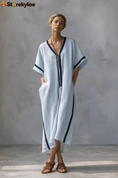 Linen Blend V-Neck Kaftan Dress - Azure / XS