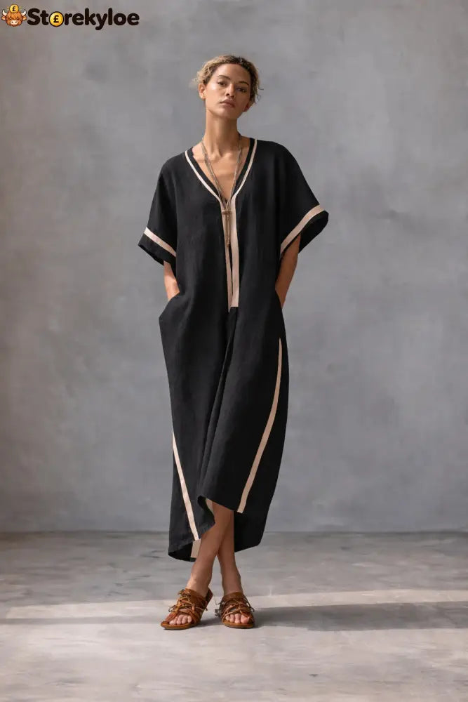 Linen Blend V-Neck Kaftan Dress - Black / XS