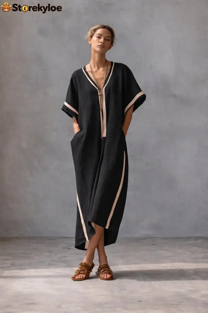 Linen Blend V-Neck Kaftan Dress - Black / XS