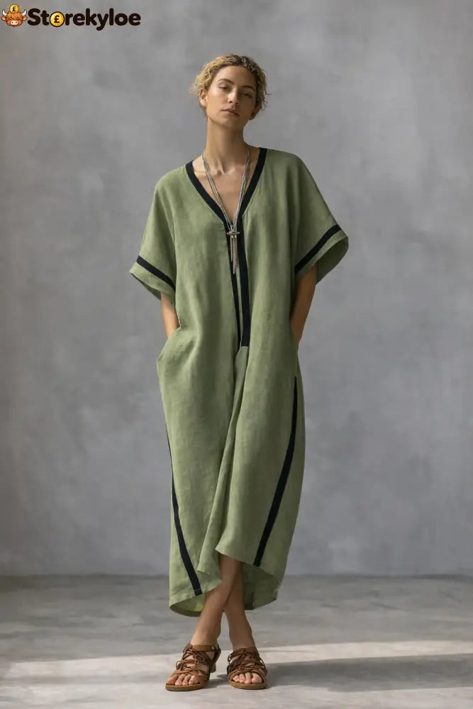 Linen Blend V-Neck Kaftan Dress - Green / XS