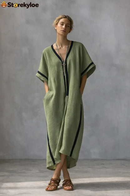 Linen Blend V-Neck Kaftan Dress - Green / XS