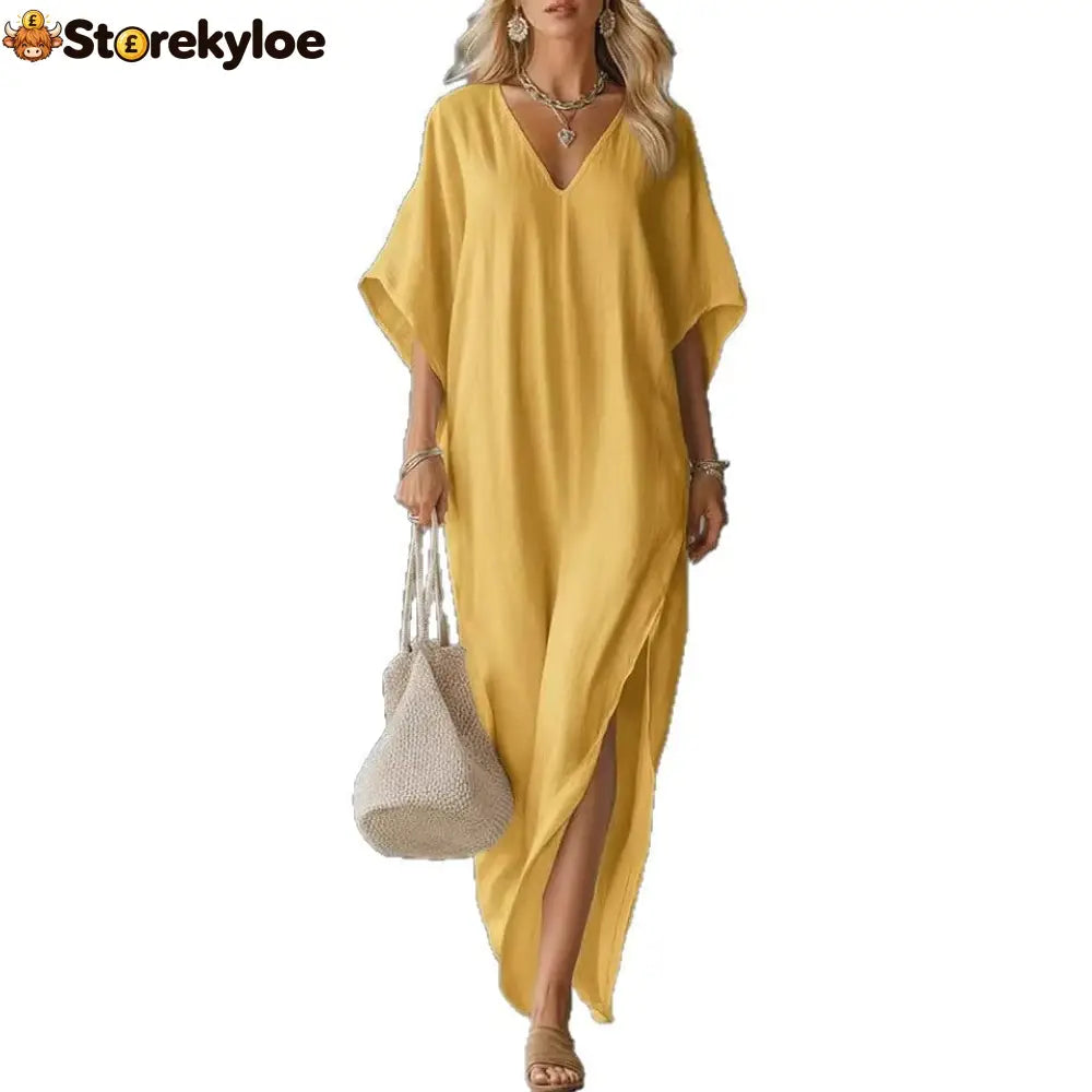 Linen Blend V-Neck Kaftan Maxi Dress
