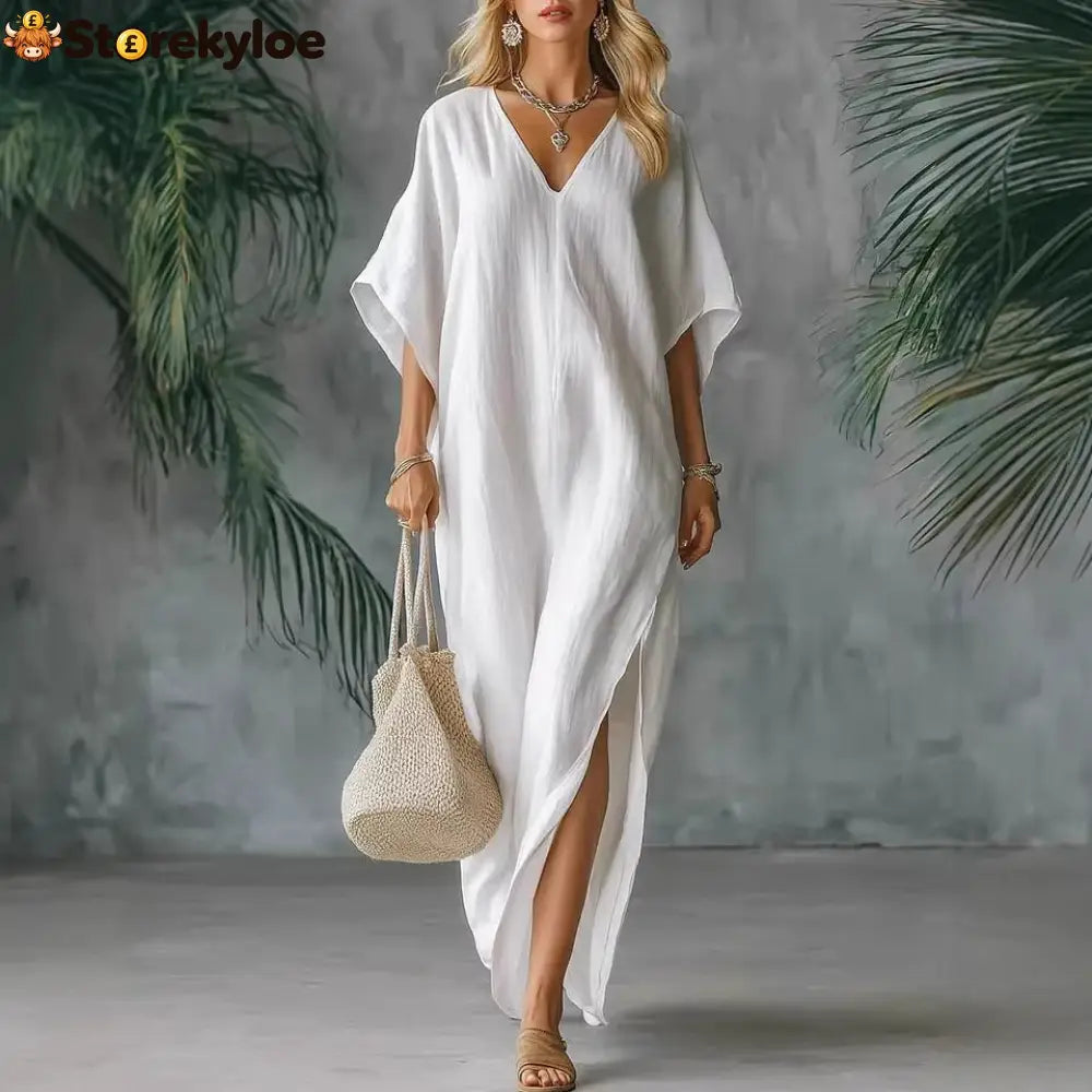 Linen Blend V-Neck Kaftan Maxi Dress - White / S