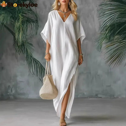 Linen Blend V-Neck Kaftan Maxi Dress - White / S