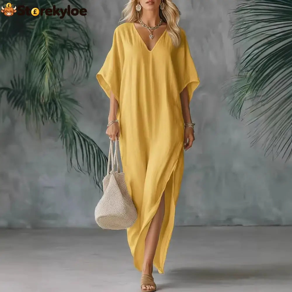 Linen Blend V-Neck Kaftan Maxi Dress - Yellow / S