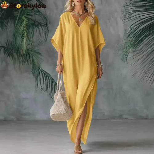 Linen Blend V-Neck Kaftan Maxi Dress - Yellow / S