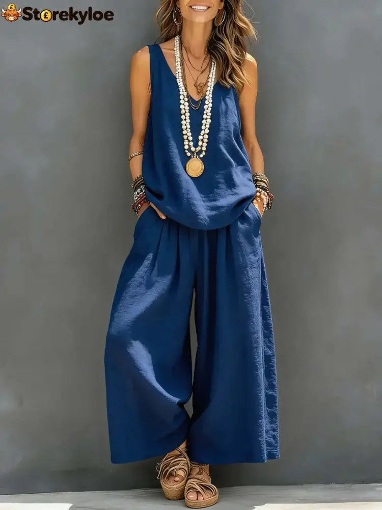 Linen V-neck Sleeveless Top And Wide Leg Pants Set - Blue / S