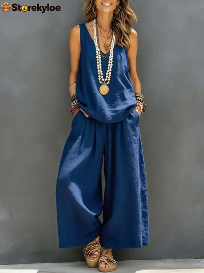 Linen V-neck Sleeveless Top And Wide Leg Pants Set - Blue / S