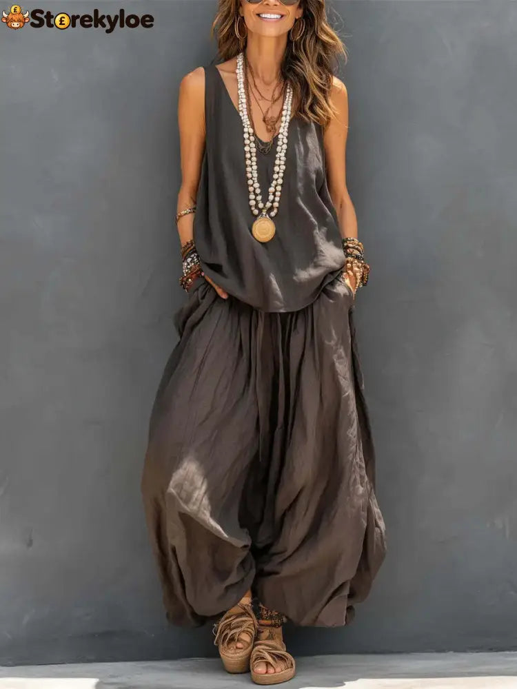 Linen V-neck Sleeveless Top And Wide Leg Pants Set - Dark brown / S
