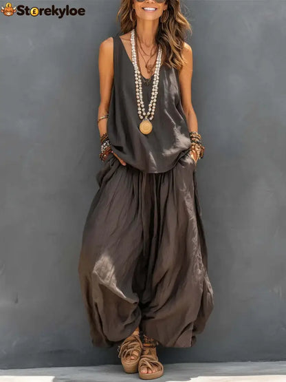 Linen V-neck Sleeveless Top And Wide Leg Pants Set - Dark brown / S