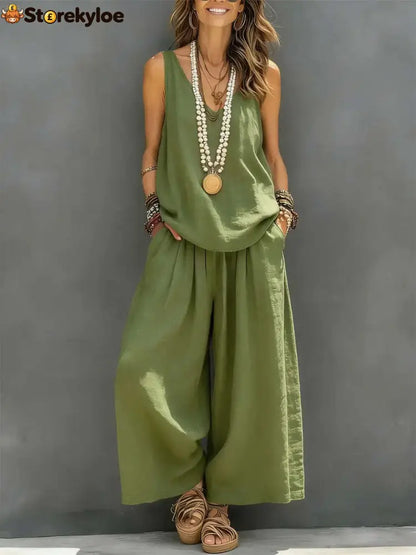 Linen V-neck Sleeveless Top And Wide Leg Pants Set - Green / S