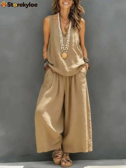 Linen V-neck Sleeveless Top And Wide Leg Pants Set - Khaki / S