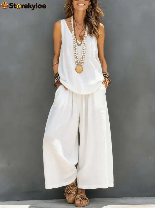 Linen V-neck Sleeveless Top And Wide Leg Pants Set - White / S