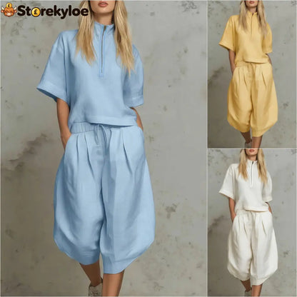 Linen Zip-Neck Top & Harem Culottes Set