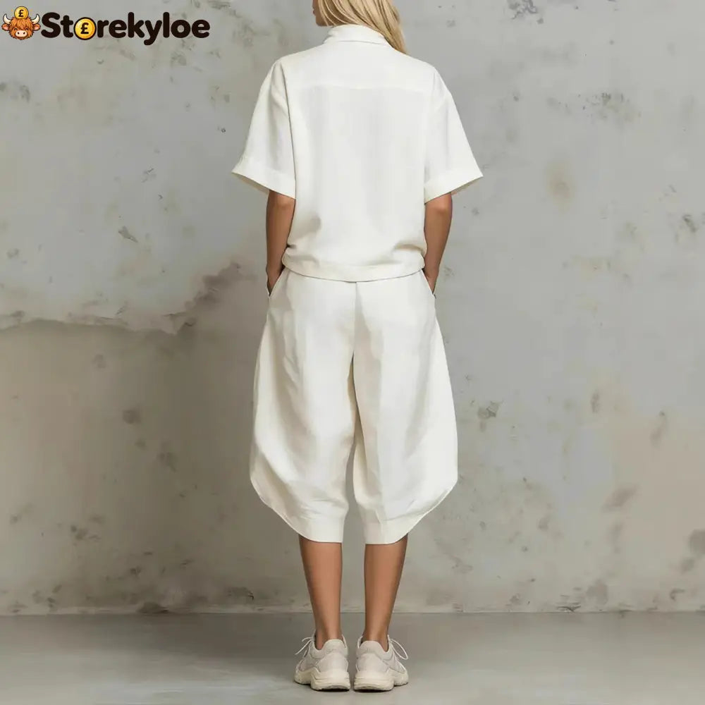 Linen Zip-Neck Top & Harem Culottes Set