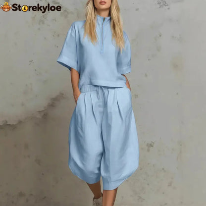 Linen Zip-Neck Top & Harem Culottes Set - Light blue / S