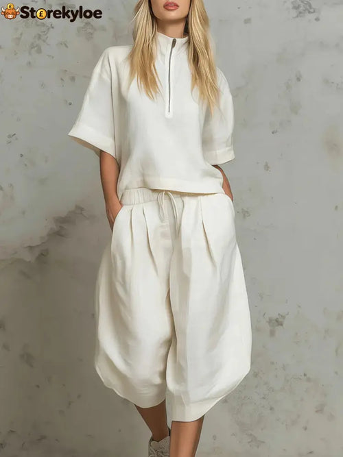 Linen Zip-Neck Top & Harem Culottes Set - White / S