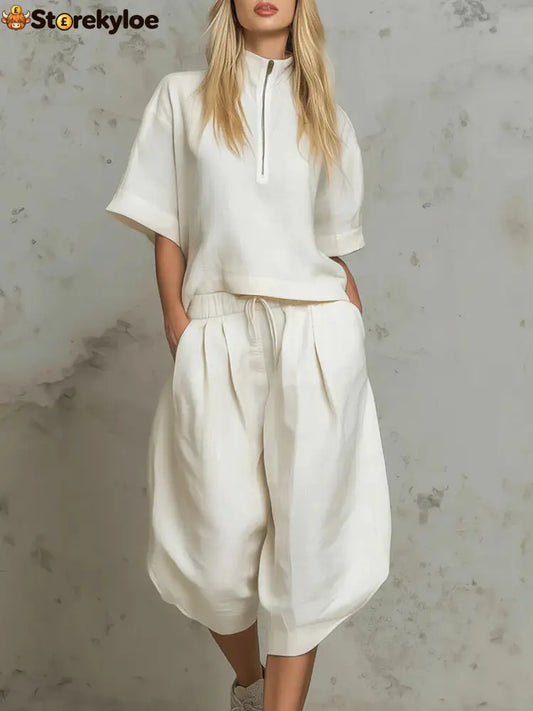 Linen Zip-Neck Top & Harem Culottes Set - White / S